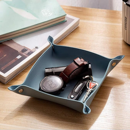 SANQIANWAN Leather Jewelry Valet Tray for Women and Man, Portable Entryway Table Tray Bedside Nightstand Desk Tray Small Catchall Travel Dish Plate for Key,Wallet,Watch,Coin (Light Blue-B)