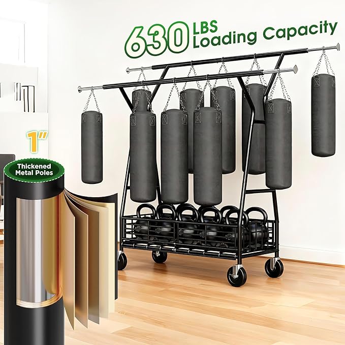 Raybee Heavy Duty Clothes Rack 630LBS, Double Rods Clothing Rack with Storage Basket, Portable Garment Rack for Heavy Clothes, Extendable & Adjustable, Bedroom, Closet, Commercial, Black