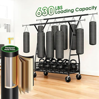 Raybee Heavy Duty Clothes Rack 630LBS, Double Rods Clothing Rack with Storage Basket, Portable Garment Rack for Heavy Clothes, Extendable & Adjustable, Bedroom, Closet, Commercial, Black