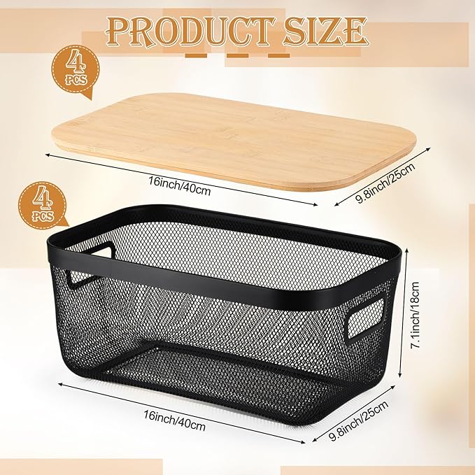 Sawysine 4 Pcs Metal Mesh Steel Basket with Handles and Bamboo Lids 16 x 9.8 '' Stackable Black Wire Basket Pantry Organization and Storage for Cabinets Shelves Kitchen Harvest