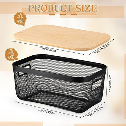Sawysine 4 Pcs Metal Mesh Steel Basket with Handles and Bamboo Lids 16 x 9.8 '' Stackable Black Wire Basket Pantry Organization and Storage for Cabinets Shelves Kitchen Harvest