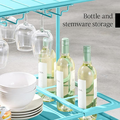 Best Choice Products Rolling Bar Cart, Mobile Home Bar Serving Cart, Serving Station w/ 2 Tier Shelves, Wine Rack, Lockable Wheels - Teal