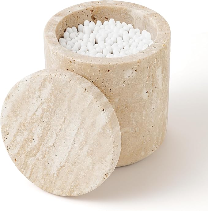 WORHE Travertine Qtip Holder Dispenser with Lid for Cotton Swabs,Balls,Pads,Floss Picks Large Capacity Marble Apothecary Jar for Bathroom Essentials Decor, Vanity Makeup Storage Organizer Beige(WH050)