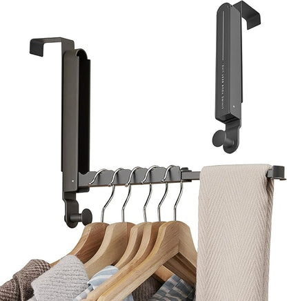 RFOUO Over The Door Hooks Hanger Fit Door up to 1 3/4" Optimal 2pc,Over The Door Hanger with Retractable Rod,Foldable Over The Door Drying Rack for Laundry Bathroom Bedroom (Space Grey, 2 Pack)