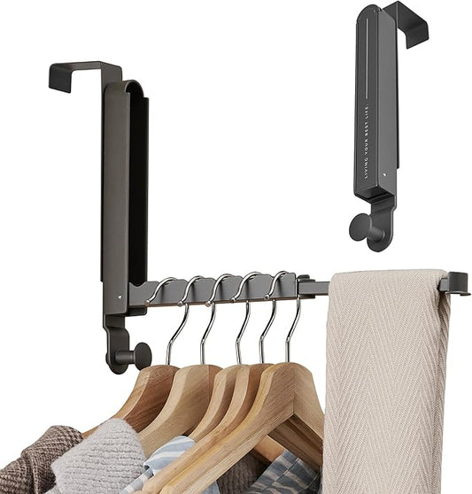 RFOUO Over The Door Hooks Hanger Fit Door up to 1 3/4" Optimal 2pc,Over The Door Hanger with Retractable Rod,Foldable Over The Door Drying Rack for Laundry Bathroom Bedroom (Space Grey, 2 Pack)