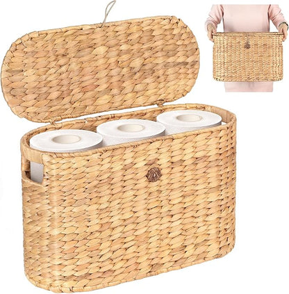 Toilet Papers Storage, Water Hyacinth Baskets with Lid, Water Hyacinth Toilets Paper Basket for Storage, Toilets Paper Holder Wicker Basket, Toilet Papers Organizer, Bathroom (with Lid Model 2)