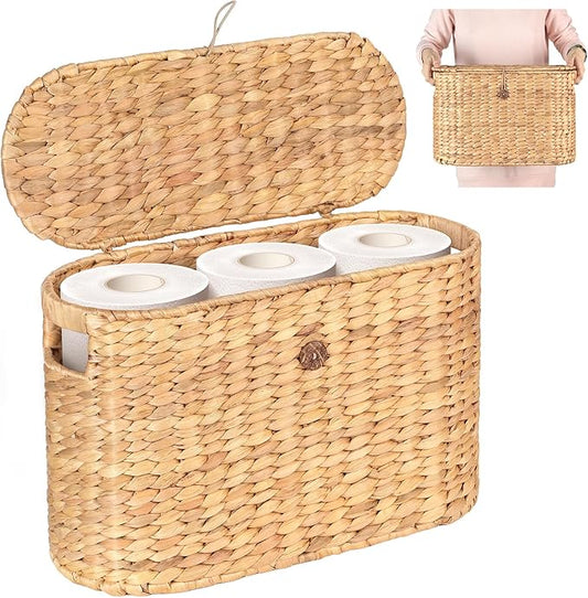 Toilet Papers Storage, Water Hyacinth Baskets with Lid, Water Hyacinth Toilets Paper Basket for Storage, Toilets Paper Holder Wicker Basket, Toilet Papers Organizer, Bathroom (with Lid Model 2)