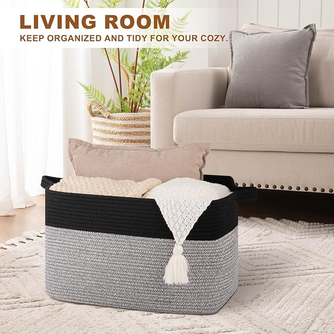 Blanket Basket for Living Room, Woven Cotton Rope Basket for Storage Clothes, Towels, Pillows, Toy Storage Bin for kids with Handles, 20" x 16" x 12", Black and Grey