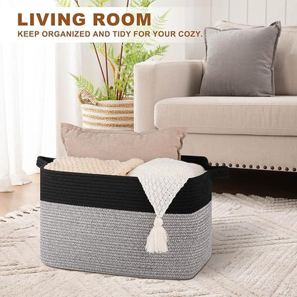 Blanket Basket for Living Room, Woven Cotton Rope Basket for Storage Clothes, Towels, Pillows, Toy Storage Bin for kids with Handles, 20" x 16" x 12", Black and Grey
