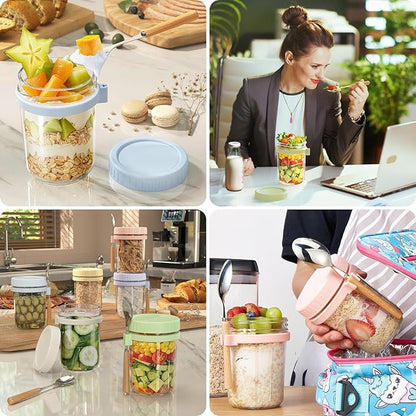 16oz Overnight Oats Containers with Lids and Spoons, 4 Pack Wide Mouth Mason Jars with Airtight Lids, Overnight Oats Jars for Salad, Chia Seed, Cereal, Yogurt