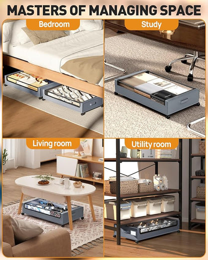 YEEBONIX Under Bed Storage With Wheels, 2 Pack Square Containers, 60L Bins, Rolling Metal Drawer for Clothes, Blankets, Shoes