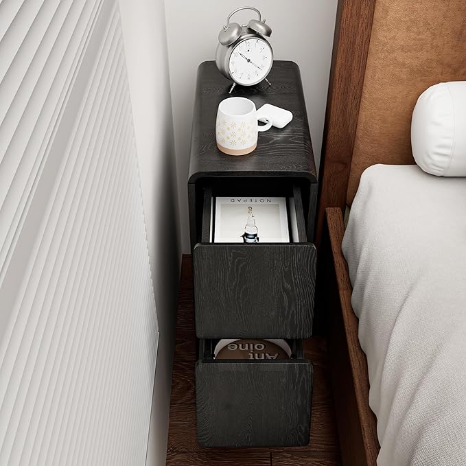 Black Nightstand Set of 2, Narrow Night Stand with Drawers, Small Bedside Table, Skinny Bed Side Table, Modern Wooden Nightstand for Bedroom, Wood, Slim, Black