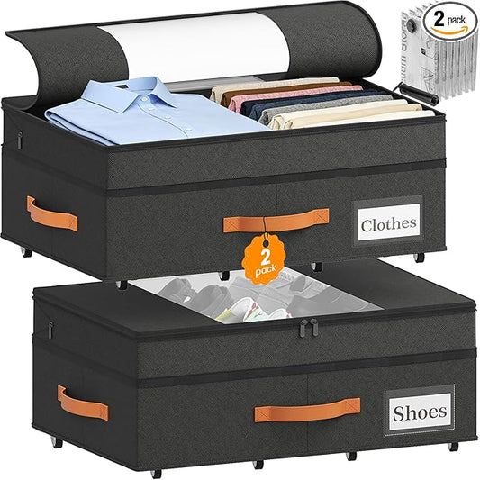 TOSKING Under Bed Storage with Wheels (2 Pack), Adjustable Height 7.9"-10.2", 6 Vacuum Bags, Expandable Rolling Underbed Bins, 600D Oxford Fabric, Drawer Organizer for Clothes, Shoes, Toys, Black