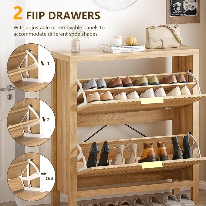 YOMILUVE Shoe Cabinet Storage for Entryway, Fluted Shoe Cabinet with 2 Flip Drawers, Hidden Shoe Rack Tall Freestanding Shoe Organizer with Legs for Hallway, Wood