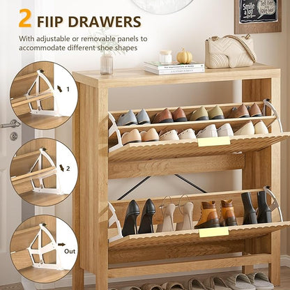 YOMILUVE Shoe Cabinet Storage for Entryway, Fluted Shoe Cabinet with 2 Flip Drawers, Hidden Shoe Rack Tall Freestanding Shoe Organizer with Legs for Hallway, Wood