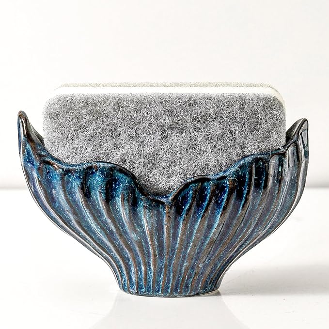 Uiddo Sponge Holder for Kitchen Sink, Ceramic Sponge Holder with Fishtail Design, Sink Sponge Holders Caddy Organizer for Countertop, Farmhouse Kitchen Decor, Compact Sponge Holders(Blue)