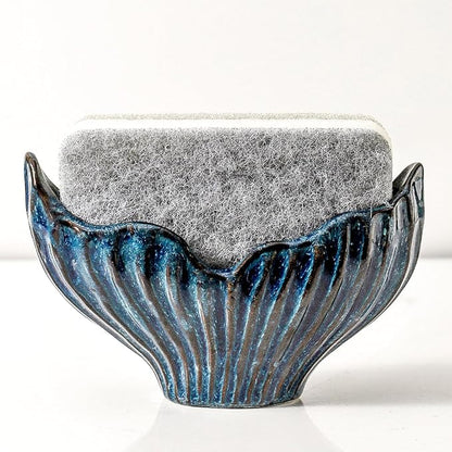 Uiddo Sponge Holder for Kitchen Sink, Ceramic Sponge Holder with Fishtail Design, Sink Sponge Holders Caddy Organizer for Countertop, Farmhouse Kitchen Decor, Compact Sponge Holders(Blue)