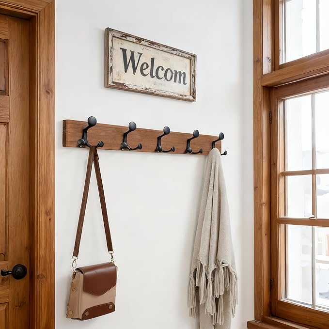 SKOLOO 24-Inch Wood Coat Rack Wall Mount with 5 Triple Hooks - Ideal for Family Entrances, Classrooms, and Pet Supplies Storage - Perfect Coat Hooks for Wall,Charred Golden Brown