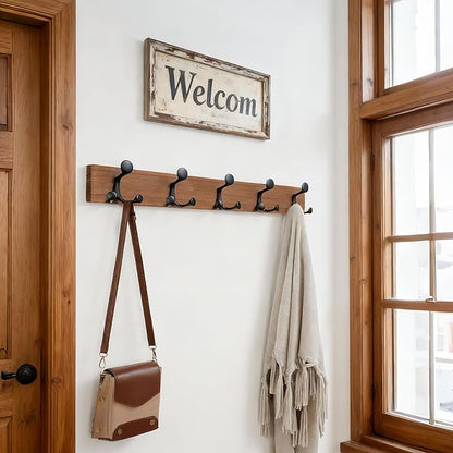 SKOLOO 24-Inch Wood Coat Rack Wall Mount with 5 Triple Hooks - Ideal for Family Entrances, Classrooms, and Pet Supplies Storage - Perfect Coat Hooks for Wall,Charred Golden Brown