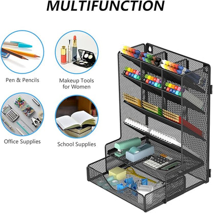 Pen Organizer for Desk, Multi-Functional Desk Organizer, Wall Mount Pen Holder with Drawer for School, Office, Home, Art Supplies, Black