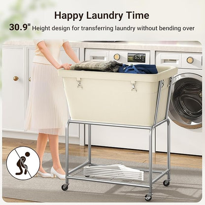 ELYKEN Laundry Cart with Wheels, Rolling Laundry Hamper with Removable Bag and Shelf, Metal Frame Laundry Basket with 4 Casters and 2 Brakes, Ideal for Bedroom, Bathroom, Laundry Room, Cream
