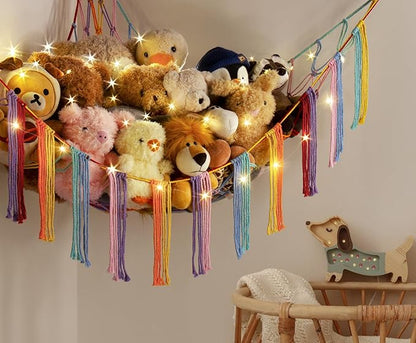 Stuffed Animal Hammock Corner with LED Light - Toy Storage Hammock Plushie Net Large - Cute Stuff Animals Holder Hanging Organizer - Baby Room Rainbow Decor Kids Toddler Nursery Bedroom