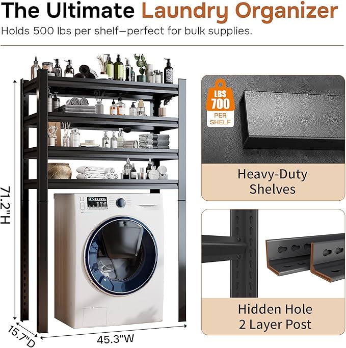 Over The Washer and Dryer Storage Shelf, Multi Functional Storage Rack Storage Shelf Organizer Black for Laundry Room,Suit Washing Machine Width Within 45.3", Hold 500 lb