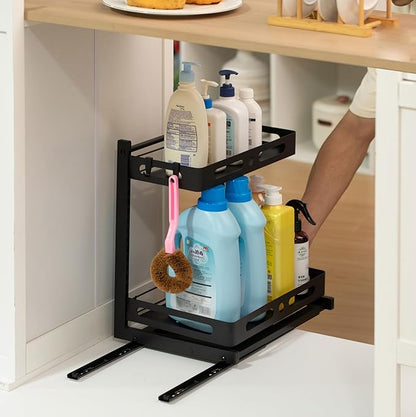 Basicwise Adjustable Height Under Sink Pull-Out Organizer 2-Tier Sliding Shelf Rack Heavy-Duty Mesh Baskets for Kitchen & Bathroom Cabinets Ideal for Tall Bottles Cleaning Supplies & Tight Spaces