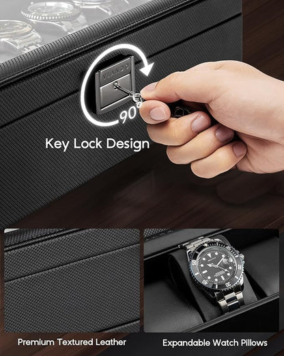 Vlando 6-Slot Watch Case for Men, Watch Box with Glass Lid, Storage for Rings, Keys, Business Textured Leather Organizer Display Case, Soft Pillow, Gifts for Fathers, Dad, Husband - Black