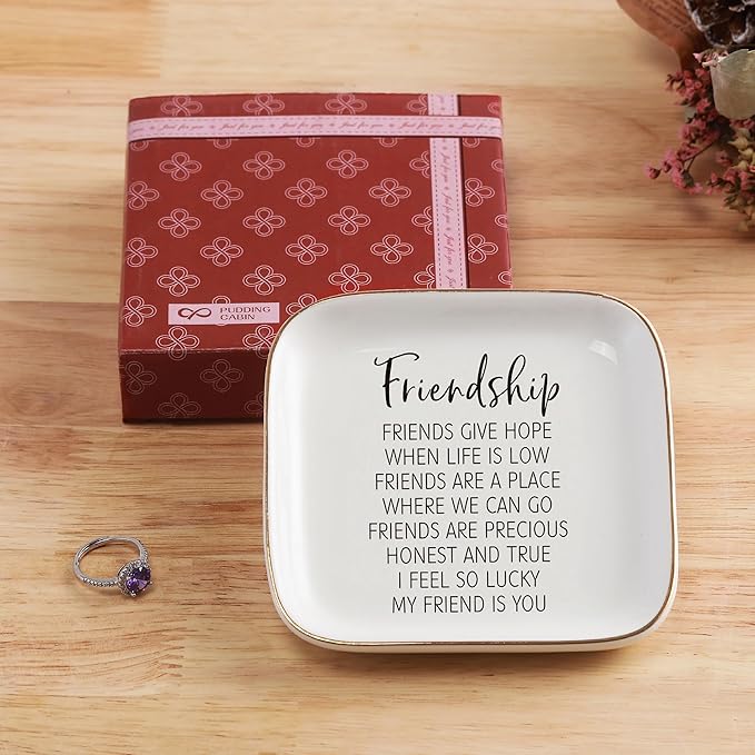 PUDDING CABIN Friend Gifts for Women Birthday - “I Feel So Lucky My Friend is You, Friendship Jewelry Dish for Besties, Sisters, Best Friends”