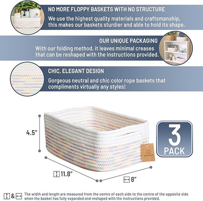 NaturalCozy 11.8"x8"x4.5” Rectangle Storage Baskets for Shelves 3 Pack | Cotton Rope Woven Small Baskets for Organizing | Small Storage Bins for Nursery, Bathroom, Closet, Shelf, Decorative, Gift
