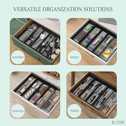 ELTOW Expandable Utensil Drawer Organizer, 5 Compartment Non-Slip & Adjustable Large Utensil Organizer for Kitchen Drawers, Kitchen Organization for Utensils, Flatware Storage Tray (Black)