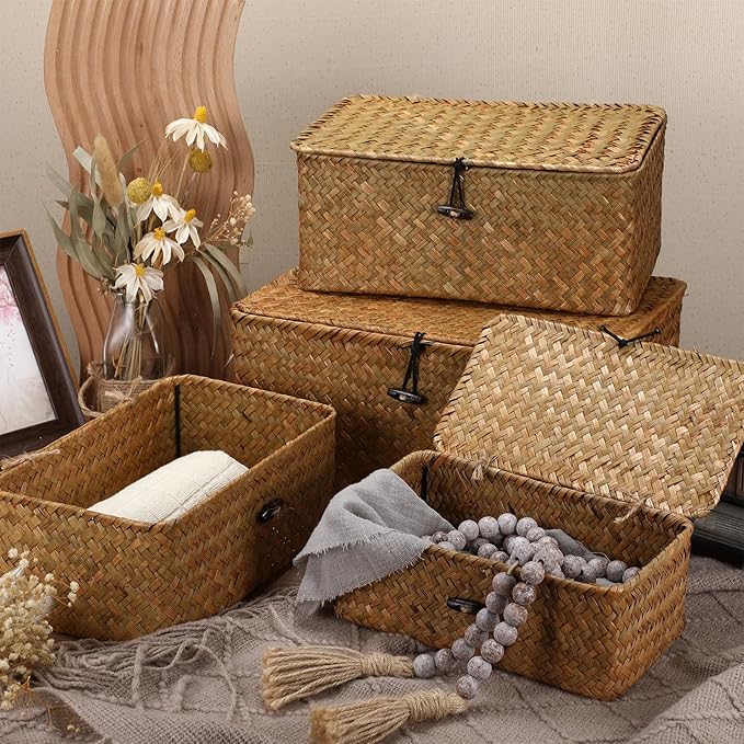 Woanger Set of 4 Wicker Storage Baskets Organizer，Handwoven Storage Bins with Lid for Organizing, Home Utility Box for Home Office Supplies Multipurpose Container(Orange)