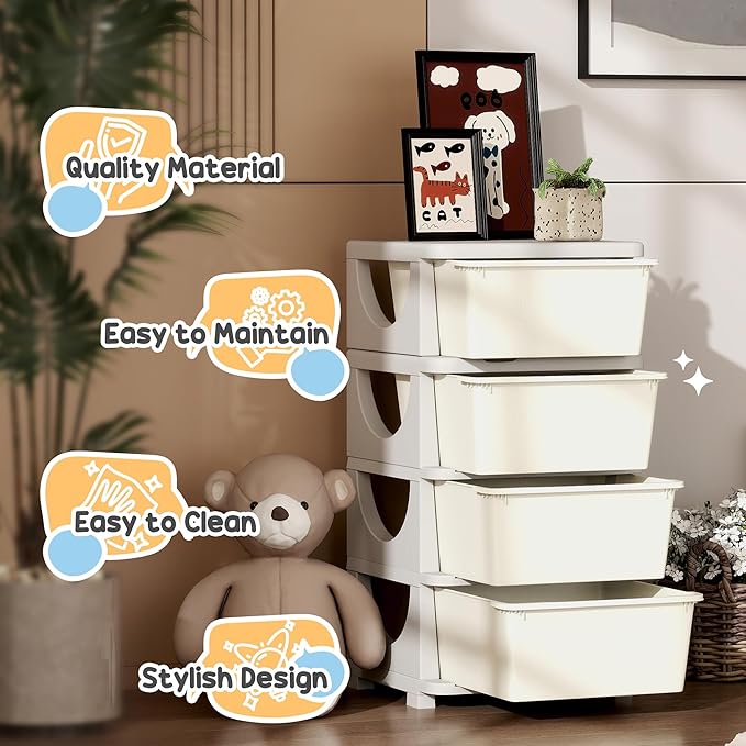 Qaba 4 Tier Kids Storage Unit, Toy Organizers and Storage with 4 Drawer Chest for Kids Bedroom Nursery Kindergarten Living Room for Boys Girls Toddlers, Cream White
