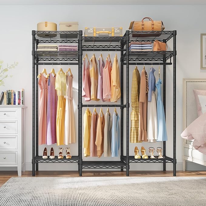 VIPEK V5i Garment Rack Bedroom Armoires Freestanding Closet Organizer, Portable Wardrobe Closet Heavy Duty Clothing Rack with 8 Adjustable Shelves & 4 Hang Rods, 56.7" Lx15.7 Wx76.4 H, Black (Medium)