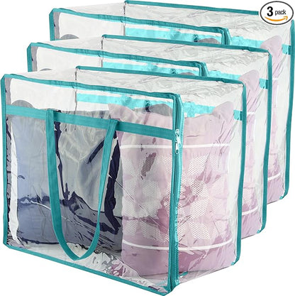 Clear Vinyl Zippered Storage Bags (3-Pack) 40L Sturdy Storage Bags for Sweaters, Blankets, Comforters, Bedding Sets and Much More! (Turquoise, 18x15x9)
