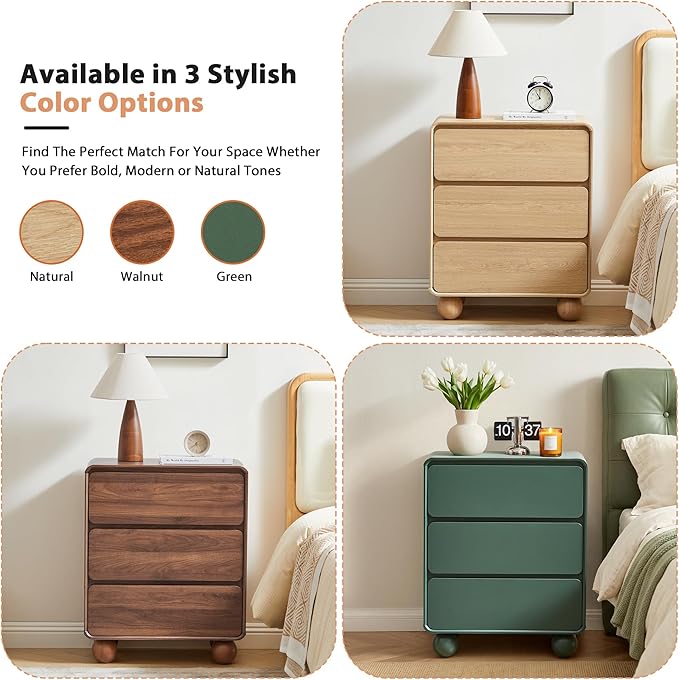 AVZEAR Wooden Night Stand wth 3 Drawer Dresser Mid Century Modern End Table Chest of Drawers, Solid Wood Legs & Curved Profile Design, Farmhouse Side Table for Living Room, Natural