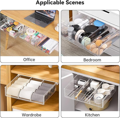 OTraki Under Desk Table Drawer Storage Organizer 3 Pack Large & Medium & Small Under Desk Storage Drawers Slide Out Self-Adhesive Amount Drawer Attach for Office, Home, School (S/M/L)
