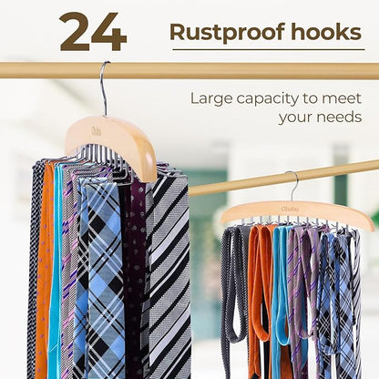Tie Rack Hanger for Closet: Ohuhu 2 Packs 24 Folding Hooks Tie Hangers for Men Wooden Tie Holder Organizer Space Saving Necktie Storage 360 Degree Rotating Ties Belts Scarves Tank Tops-Burlywood