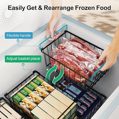 iSPECLE Chest Freezer Organizer - 3 Pack Stackable Deep Freezer Organizer Bins for 5 Cu Ft Freezer Sort Frozen Food, Freezer Organizer Bins Get Food Easily with Handle Add Storage Space, Black