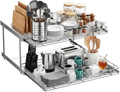 HOLDN’ STORAGE Two Tier Pull Out Cabinet Organizer, Individual Sliding Drawers - Heavy Duty Metal with Lifetime Limited Warranty - Anti Rust Chrome Finish - 30" W x 21”D x 16.5" H