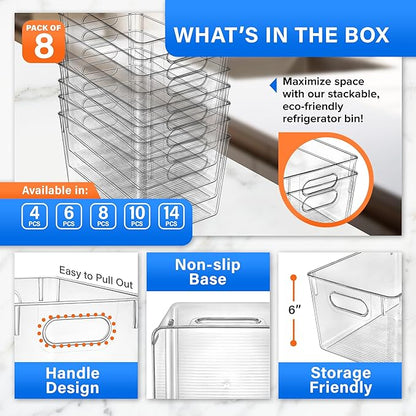 Lifemaster Stackable Refrigerator Bins - Set of 8 Large Capacity Organizers with Easy Grip Handles - Clear and Versatile for Kitchen Storage