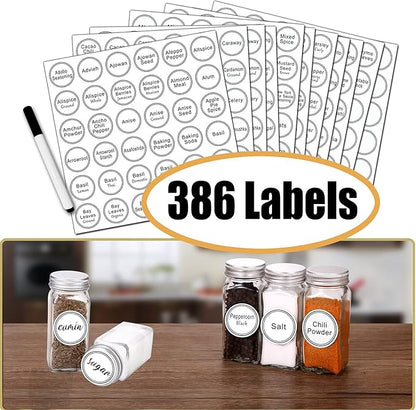SWOMMOLY 48 Glass Spice Jars with 806 White Spice Labels, Chalk Marker and Funnel Complete Set. Empty Square Spice Bottles 4 oz, Spice Containers with Pour/sift Shaker Lid, Airtight Cap