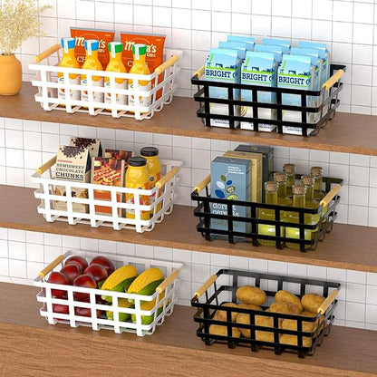 4 Packs Large Metal Storage Baskets,Farmhouse Baskets,Matte Black Pantry Organizer Baskets with Wood Handle, Metal Baskets Bins for Kitchen Pantry Shelf Cabinets