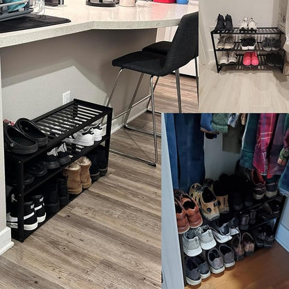Bamboo Shoe Rack for Closet, Stackable 3 Tier Longer Shoe Organizer Shelf Holder Storage 12-15 Pairs for Entryway Door Hallway Bedroom Garage Space Saving Foldable Black