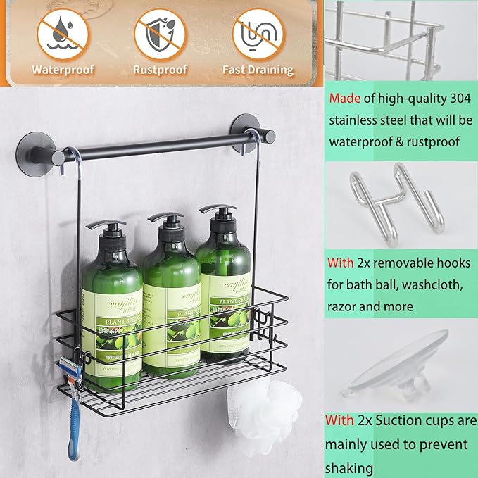 Seltomer Shower Caddy Hanging Shower Orangizer Stainless Steel Shower Rack with Hooks Over The Door, Shampoo Basket Storage (Black)