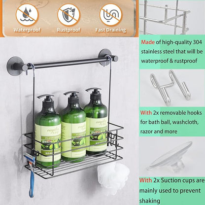 Seltomer 2pcs Single-Layer Shower Caddy Hanging Shower Orangizer Stainless Steel Shower Rack with Hooks Over The Door, Shampoo Basket Storage (Black)