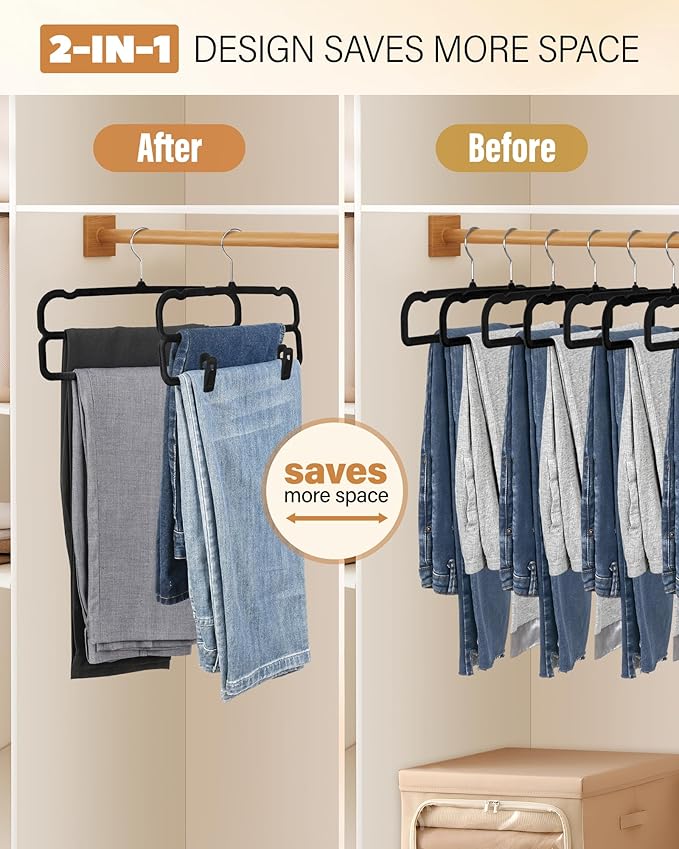 WJWSKI Velvet Pants Hangers with Double Non Slip Bar - with Adjustable Clips- Thin Space Saving Clothes Hanger - 360° Swivel Felt Trouser Hanger Perchas Terciopelo 10 Pack (Black)