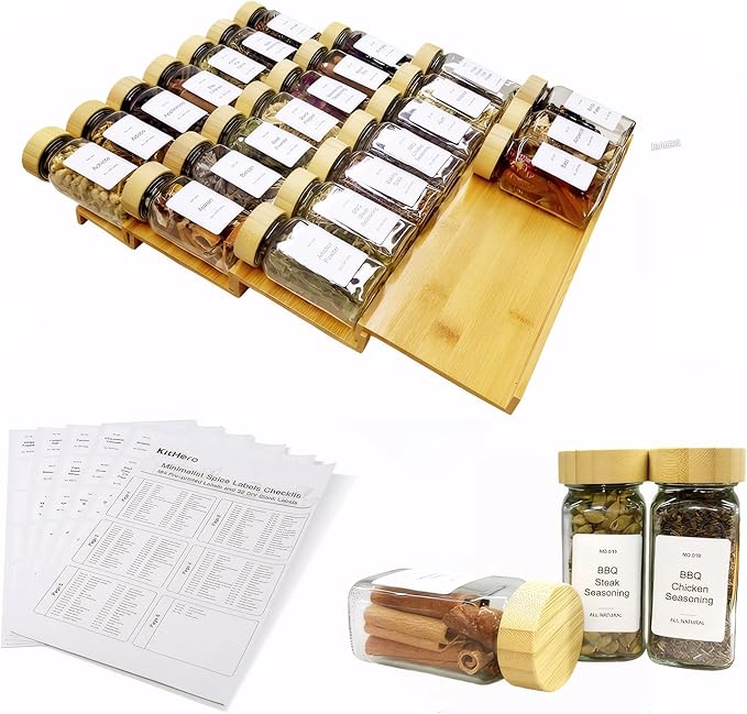 KitHero Spice Drawer Organizer with 24 Bamboo-lidded Spice Jars and 216 Labels,Non-slip Rubber, Bamboo 4 Tier Spice Racks Tray Seasoning Containers for Kitchen Drawers,Cabinets,13" Wide * 15.8" Deep