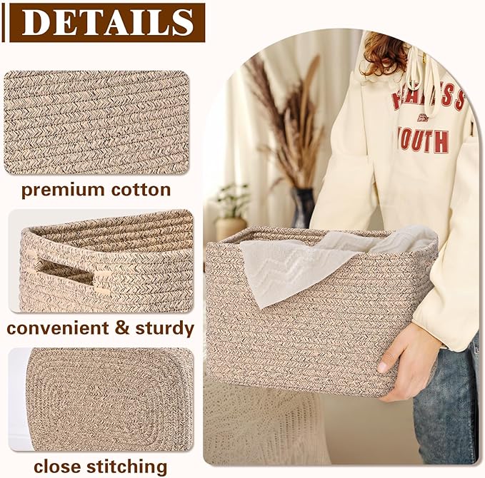Storage Baskets for Organizing, 4 Pack Storage Baskets for Shelves, Woven Basket for Shelves, Closet Organization, Rectangle Organizer Basket Gifts Empty, 13"Lx8.7"Wx7.9"H Decorative Bins with Handles